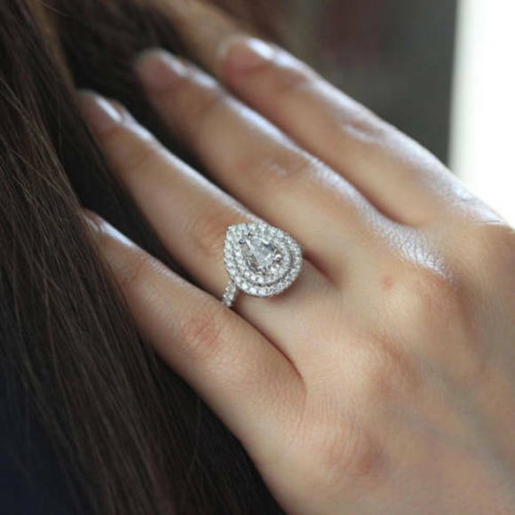 1.50 ct Pear Diamond Halo Sterling Silver Engagement Ring VVS1/D Moissanite Gems - Picture 8 of 8